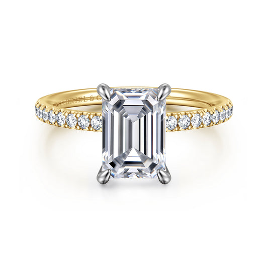 14K Yellow-White Gold Emerald Cut Hidden Halo Diamond Engagement Ring — Gabriel & Co. ER16620E8M44JJ; center stone shown for illustration, not included