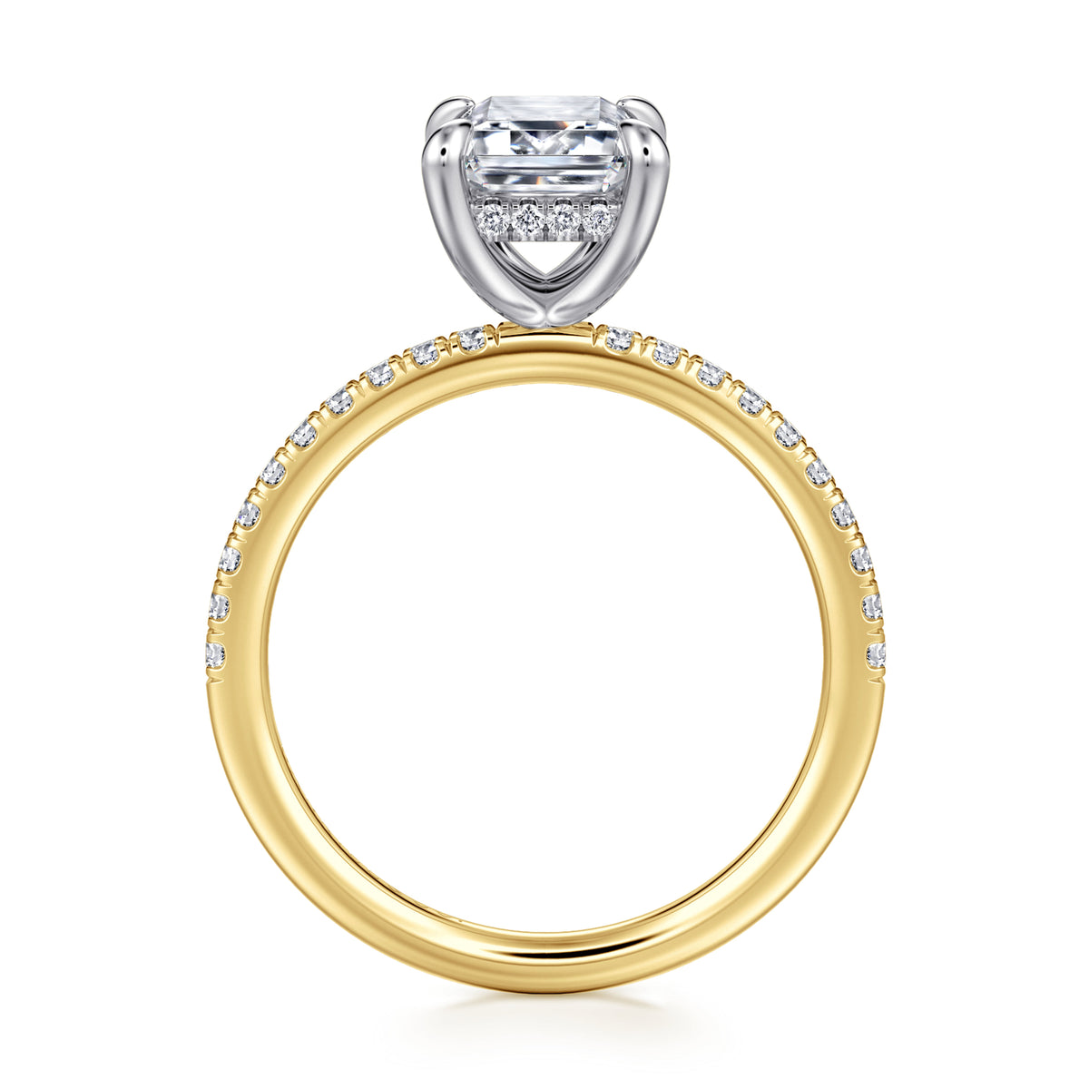 14K Yellow-White Gold Emerald Cut Hidden Halo Diamond Engagement Ring — Gabriel & Co. ER16620E8M44JJ; center stone shown for illustration, not included