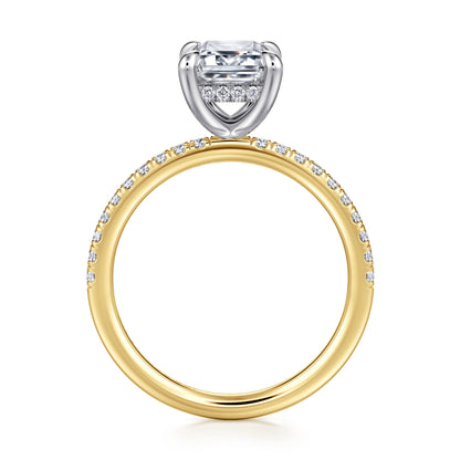 14K Yellow-White Gold Emerald Cut Hidden Halo Diamond Engagement Ring — Gabriel & Co. ER16620E8M44JJ; center stone shown for illustration, not included