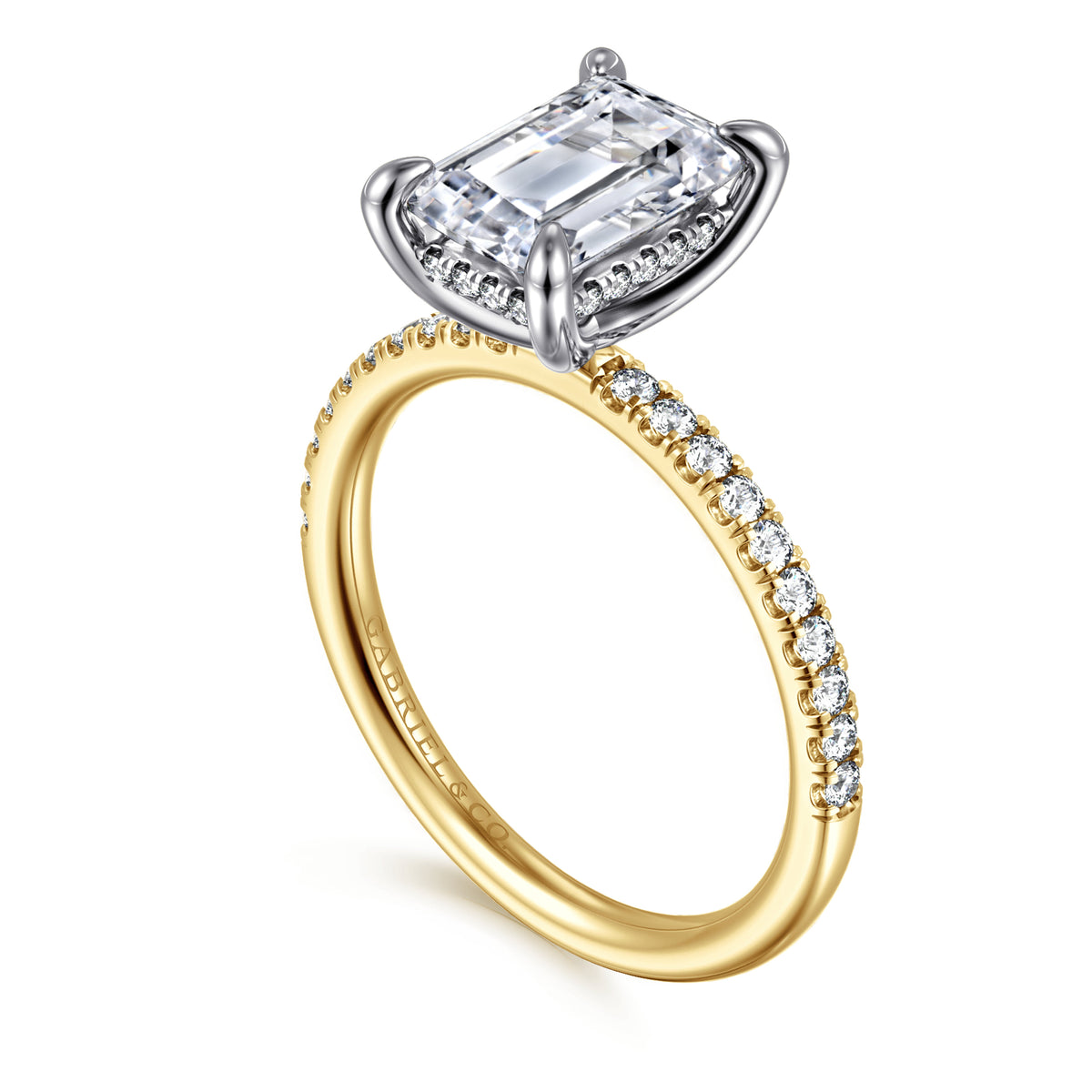 14K Yellow-White Gold Emerald Cut Hidden Halo Diamond Engagement Ring — Gabriel & Co. ER16620E8M44JJ; center stone shown for illustration, not included