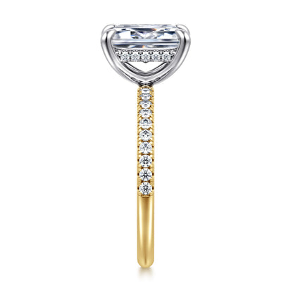 14K Yellow-White Gold Emerald Cut Hidden Halo Diamond Engagement Ring — Gabriel & Co. ER16620E8M44JJ; center stone shown for illustration, not included