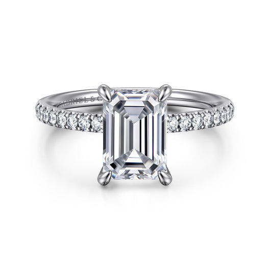14K White Gold Emerald Cut Hidden Halo Diamond Engagement Ring — Gabriel & Co. ER16620E8W44JJ; center stone shown for illustration, not included
