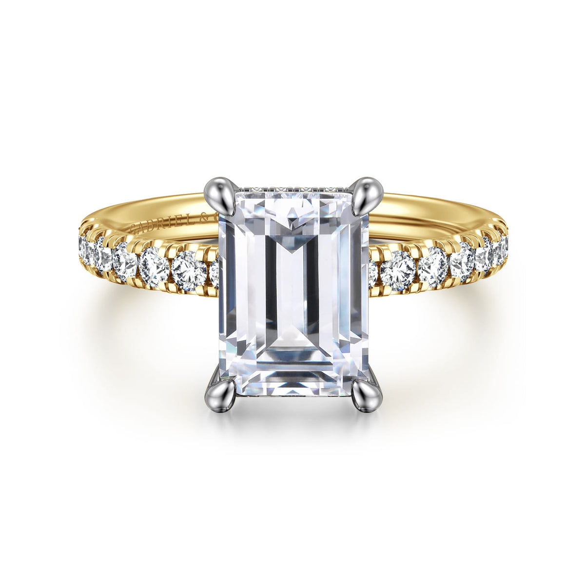 14K White-Yellow Gold Emerald Cut Hidden Halo Diamond Engagement Ring — ER16621E10M44JJ; center stone shown for illustration, not included