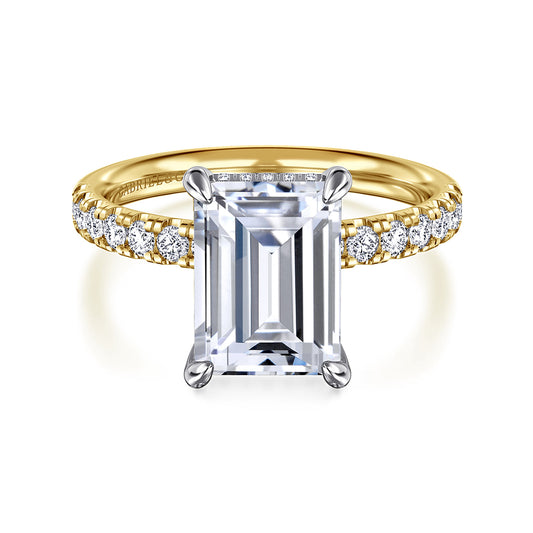 14K White- Yellow Gold Emerald Cut Hidden Halo Diamond Engagement Ring — Gabriel & Co. ER16621E12M44JJ; center stone shown for illustration, not included