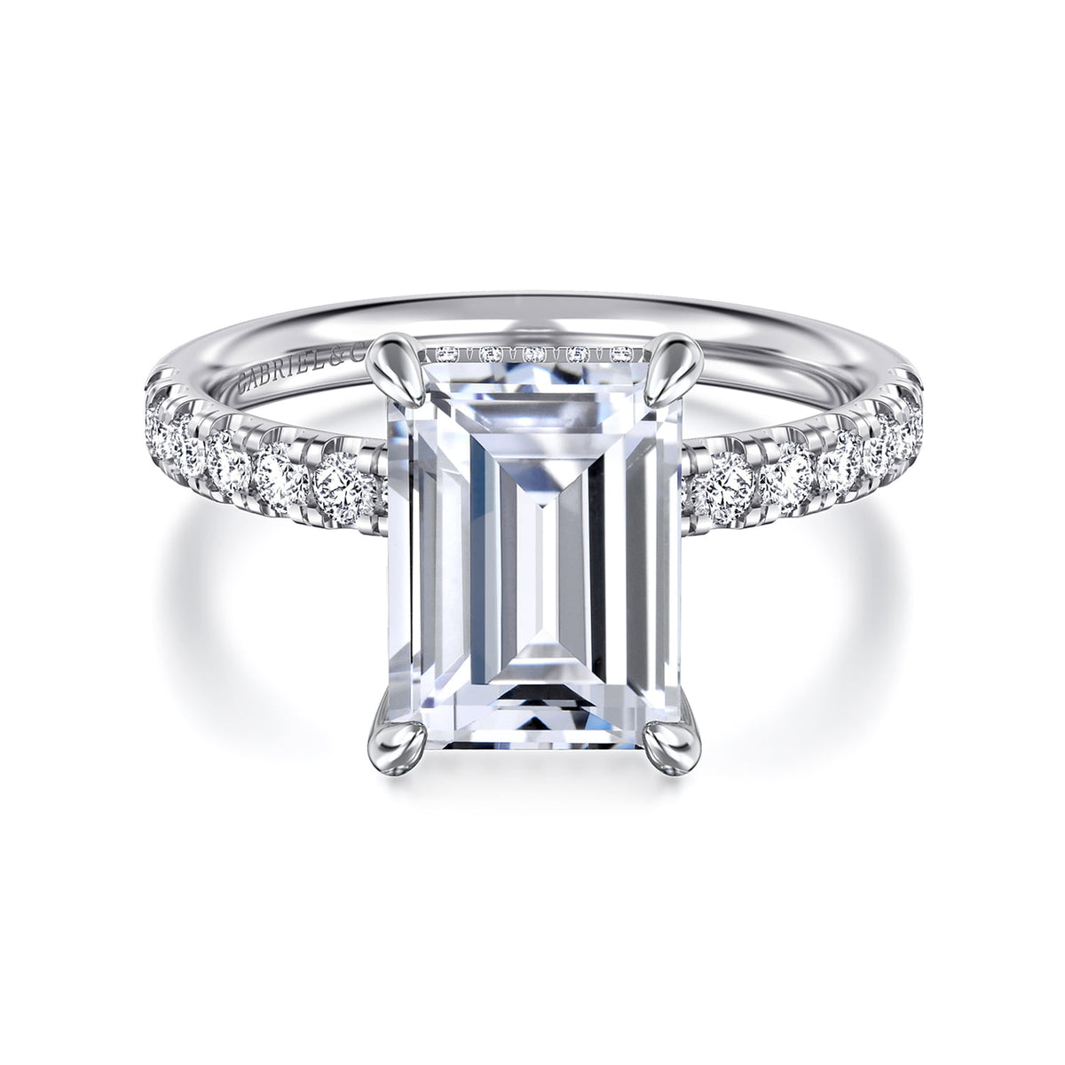 14K White Gold Emerald Cut Hidden Halo Diamond Engagement Ring — Gabriel & Co. ER16621E12W44JJ; center stone shown for illustration, not included