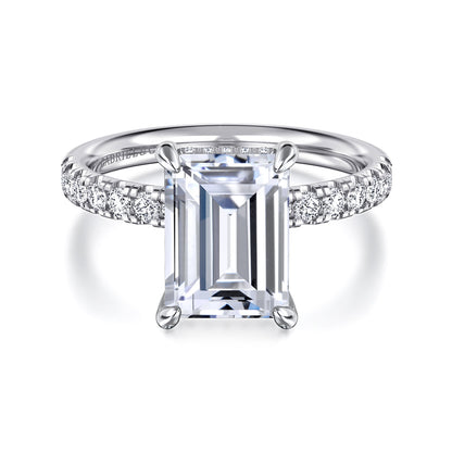 14K White Gold Emerald Cut Hidden Halo Diamond Engagement Ring — Gabriel & Co. ER16621E12W44JJ; center stone shown for illustration, not included