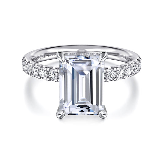 14K White Gold Emerald Cut Hidden Halo Diamond Engagement Ring — Gabriel & Co. ER16621E12W44JJ; center stone shown for illustration, not included