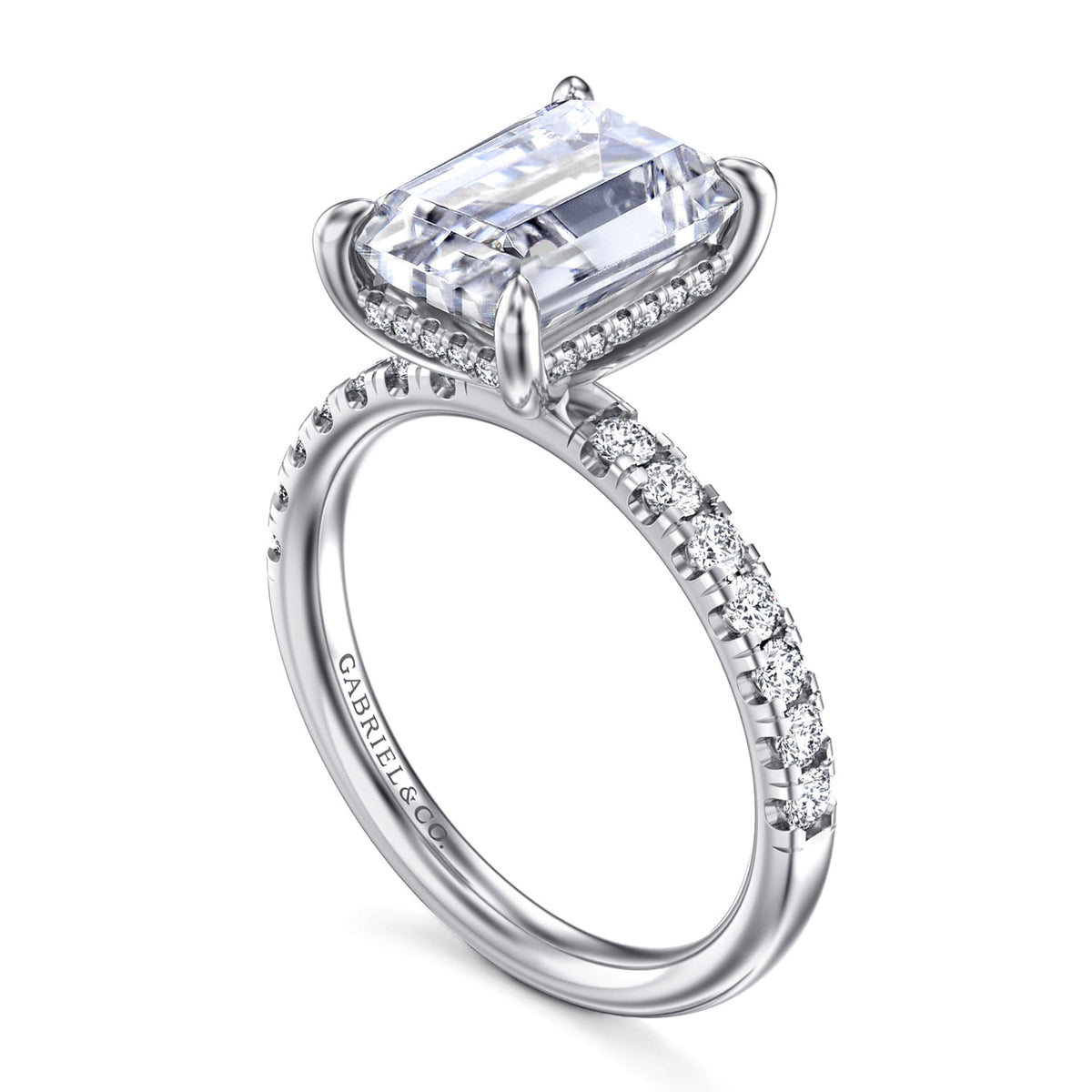 14K White Gold Emerald Cut Hidden Halo Diamond Engagement Ring — Gabriel & Co. ER16621E12W44JJ; center stone shown for illustration, not included