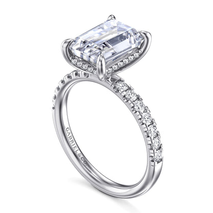 14K White Gold Emerald Cut Hidden Halo Diamond Engagement Ring — Gabriel & Co. ER16621E12W44JJ; center stone shown for illustration, not included
