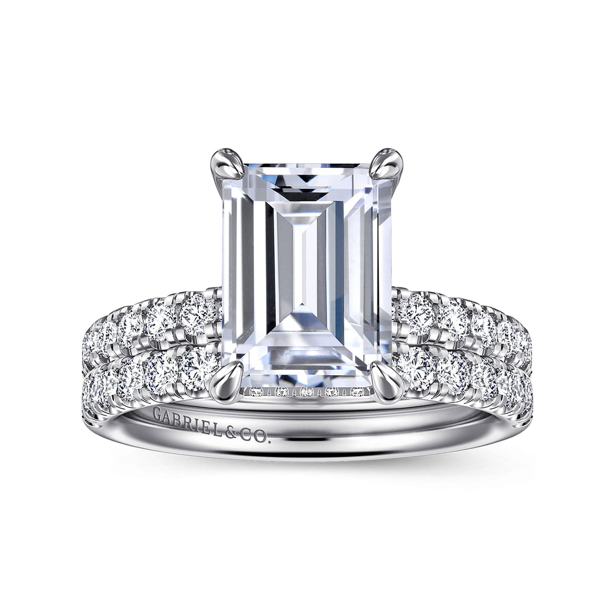 14K White Gold Emerald Cut Hidden Halo Diamond Engagement Ring — Gabriel & Co. ER16621E12W44JJ; center stone shown for illustration, not included