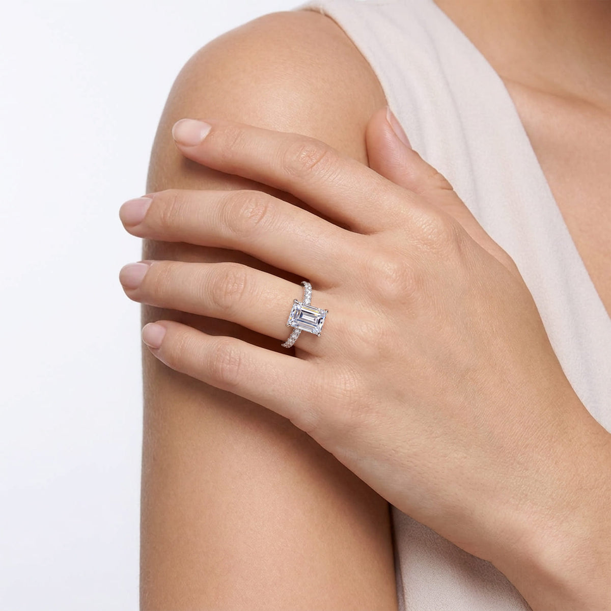 14K White Gold Emerald Cut Hidden Halo Diamond Engagement Ring — Gabriel & Co. ER16621E12W44JJ; center stone shown for illustration, not included