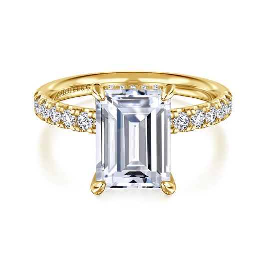 14K Yellow Gold Emerald Cut Hidden Halo Diamond Engagement Ring — Gabriel & Co. ER16621E12Y44JJ; center stone shown for illustration, not included