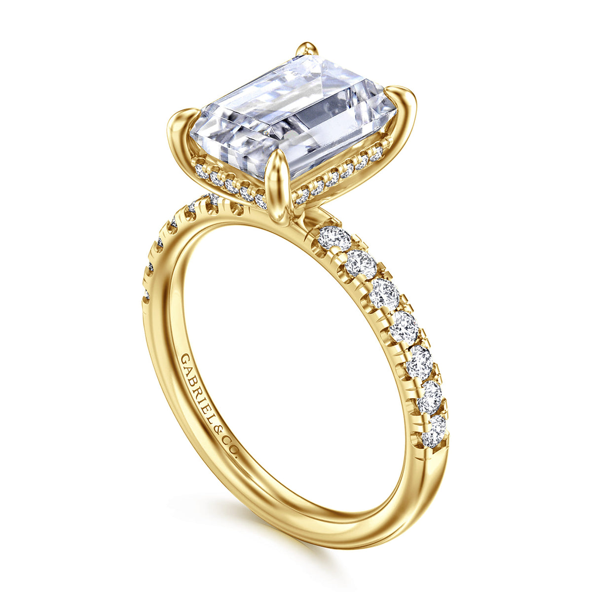 14K Yellow Gold Emerald Cut Hidden Halo Diamond Engagement Ring — Gabriel & Co. ER16621E12Y44JJ; center stone shown for illustration, not included