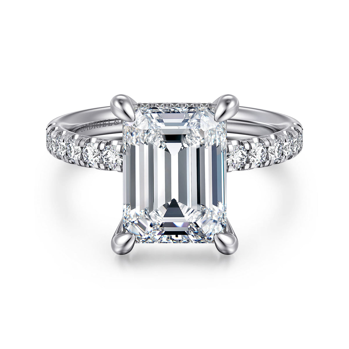 14K White Gold Emerald Cut Hidden Halo Diamond Engagement Ring — ER16621E16W44JJ; center stone shown for illustration, not included