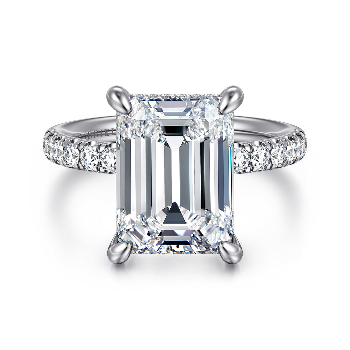 14K White Gold Emerald Cut Hidden Halo Diamond Engagement Ring — ER16621E20W44JJ; center stone shown for illustration, not included
