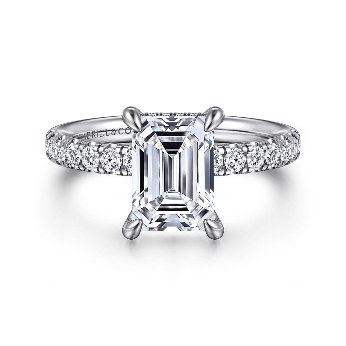 14K White Gold Emerald Cut Hidden Halo Diamond and Engagement Ring — Gabriel & Co. ER16621E8W44JJ; center stone shown for illustration, not included