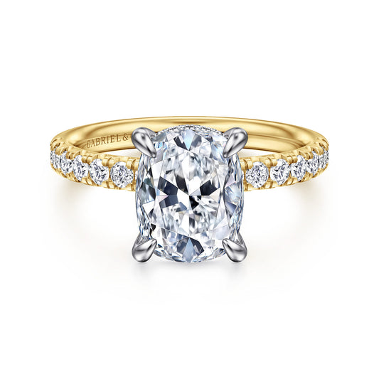 14K White-Yellow Gold Elongated Cushion Hidden Halo Diamond Engagement Ring — Gabriel & Co. ER16621G10M44JJ; center stone shown for illustration, not included