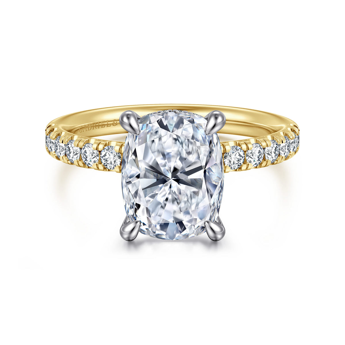 14K White-Yellow Gold Elongated Cushion Hidden Halo Diamond Engagement Ring — ER16621G12M44JJ; center stone shown for illustration, not included