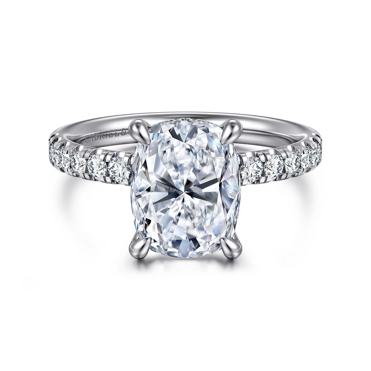 14K White Gold Elongated Cushion Hidden Halo Diamond Engagement Ring — ER16621G12W44JJ; center stone shown for illustration, not included