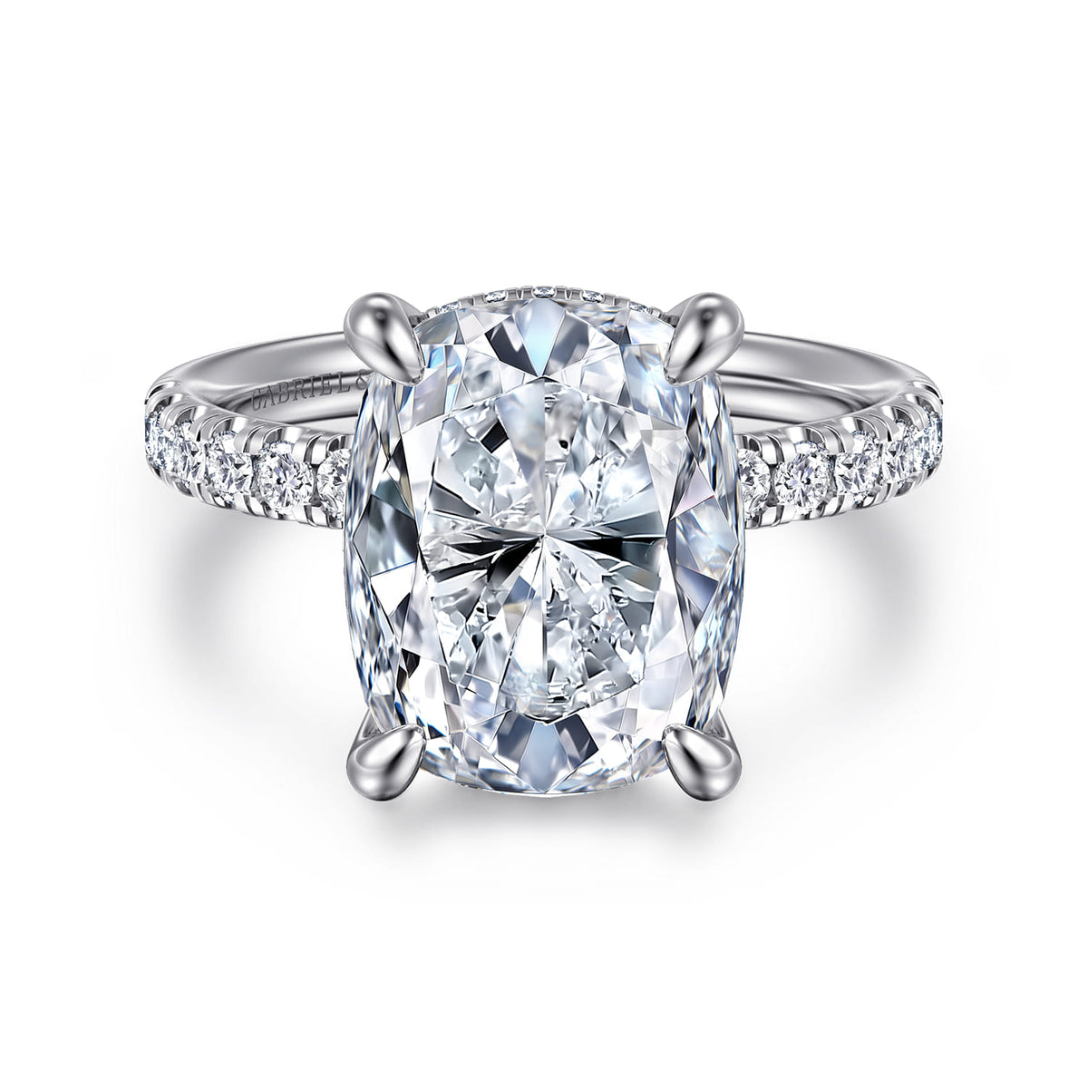14K White Gold Elongated Cushion Hidden Halo Diamond Engagement Ring — ER16621G20W44JJ; center stone shown for illustration, not included