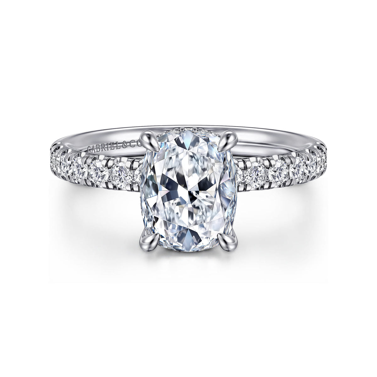14K White Gold Elongated Cushion Hidden Halo Diamond Engagement Ring — Gabriel & Co. ER16621G8W44JJ; center stone shown for illustration, not included