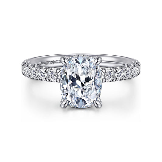 14K White Gold Elongated Cushion Hidden Halo Diamond Engagement Ring — Gabriel & Co. ER16621G8W44JJ; center stone shown for illustration, not included