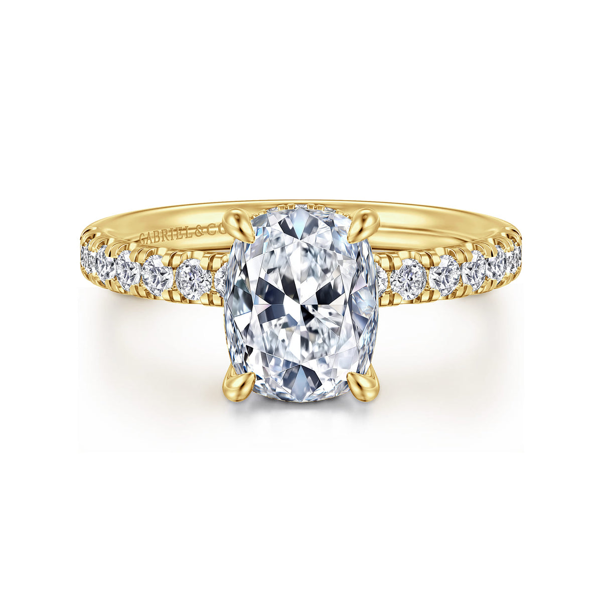14K Yellow Gold Elongated Cushion Hidden Halo Diamond Engagement Ring — Gabriel & Co. ER16621G8Y44JJ; center stone shown for illustration, not included