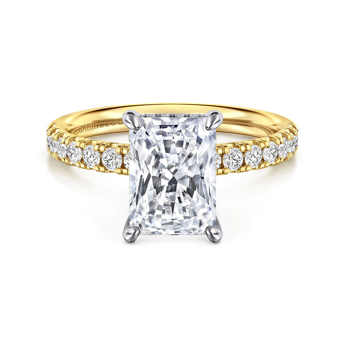 14K White-Yellow Gold Radiant Hidden Halo Diamond and Engagement Ring — Gabriel & Co. ER16621N10M44JJ; center stone shown for illustration, not included