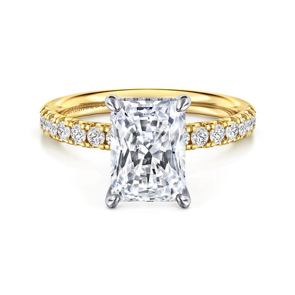14K White-Yellow Gold Radiant Hidden Halo Diamond and Engagement Ring — Gabriel & Co. ER16621N10M44JJ; center stone shown for illustration, not included