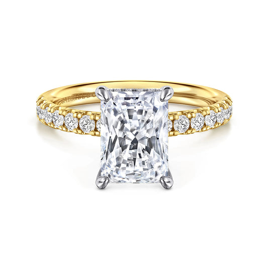 14K White-Yellow Gold Radiant Hidden Halo Diamond and Engagement Ring — Gabriel & Co. ER16621N10M44JJ; center stone shown for illustration, not included