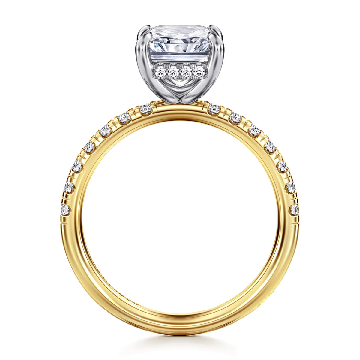 14K White-Yellow Gold Radiant Hidden Halo Diamond and Engagement Ring — Gabriel & Co. ER16621N10M44JJ; center stone shown for illustration, not included