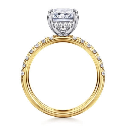 14K White-Yellow Gold Radiant Hidden Halo Diamond and Engagement Ring — Gabriel & Co. ER16621N10M44JJ; center stone shown for illustration, not included
