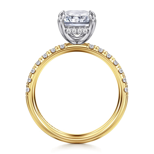 14K White-Yellow Gold Radiant Hidden Halo Diamond and Engagement Ring — Gabriel & Co. ER16621N10M44JJ; center stone shown for illustration, not included