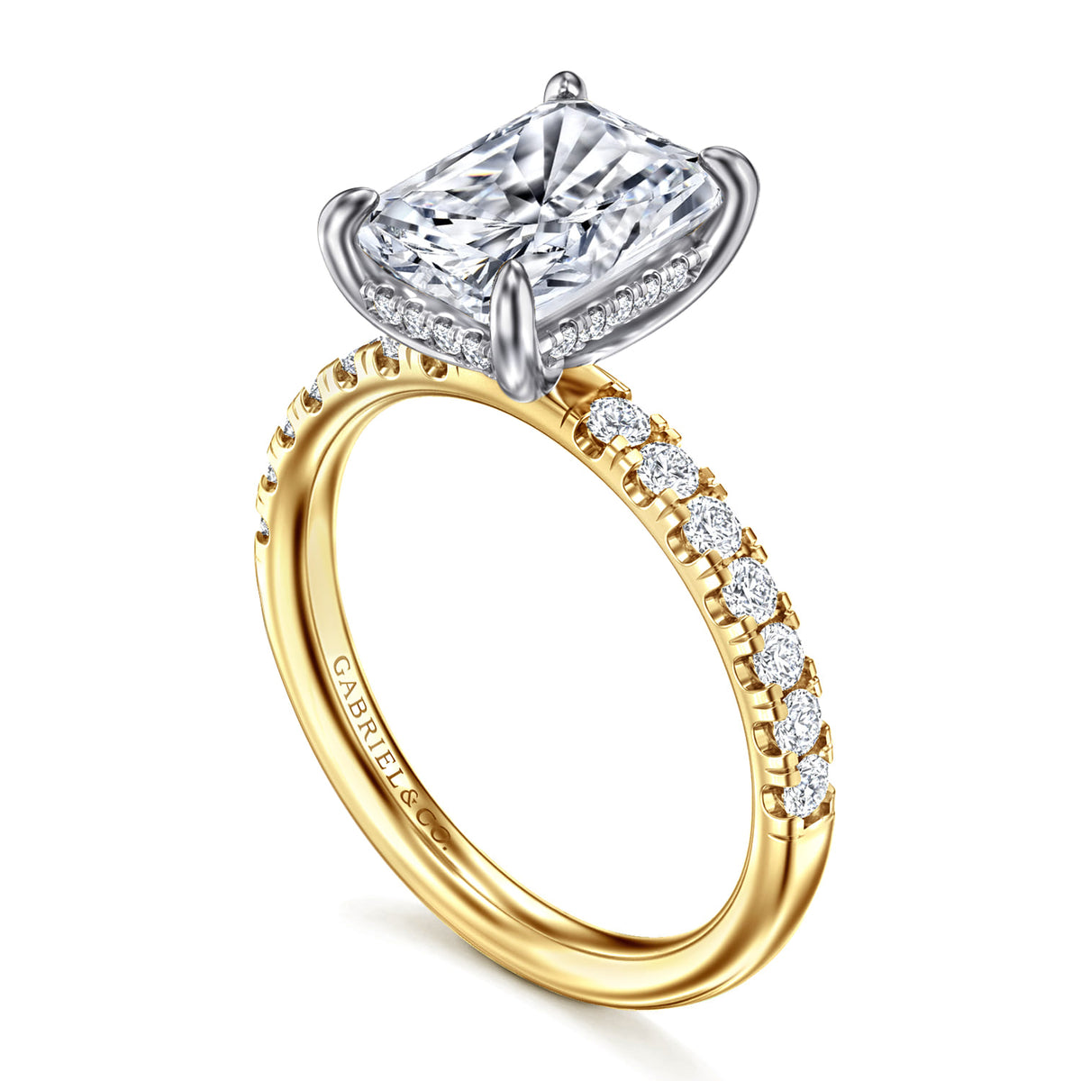 14K White-Yellow Gold Radiant Hidden Halo Diamond and Engagement Ring — Gabriel & Co. ER16621N10M44JJ; center stone shown for illustration, not included