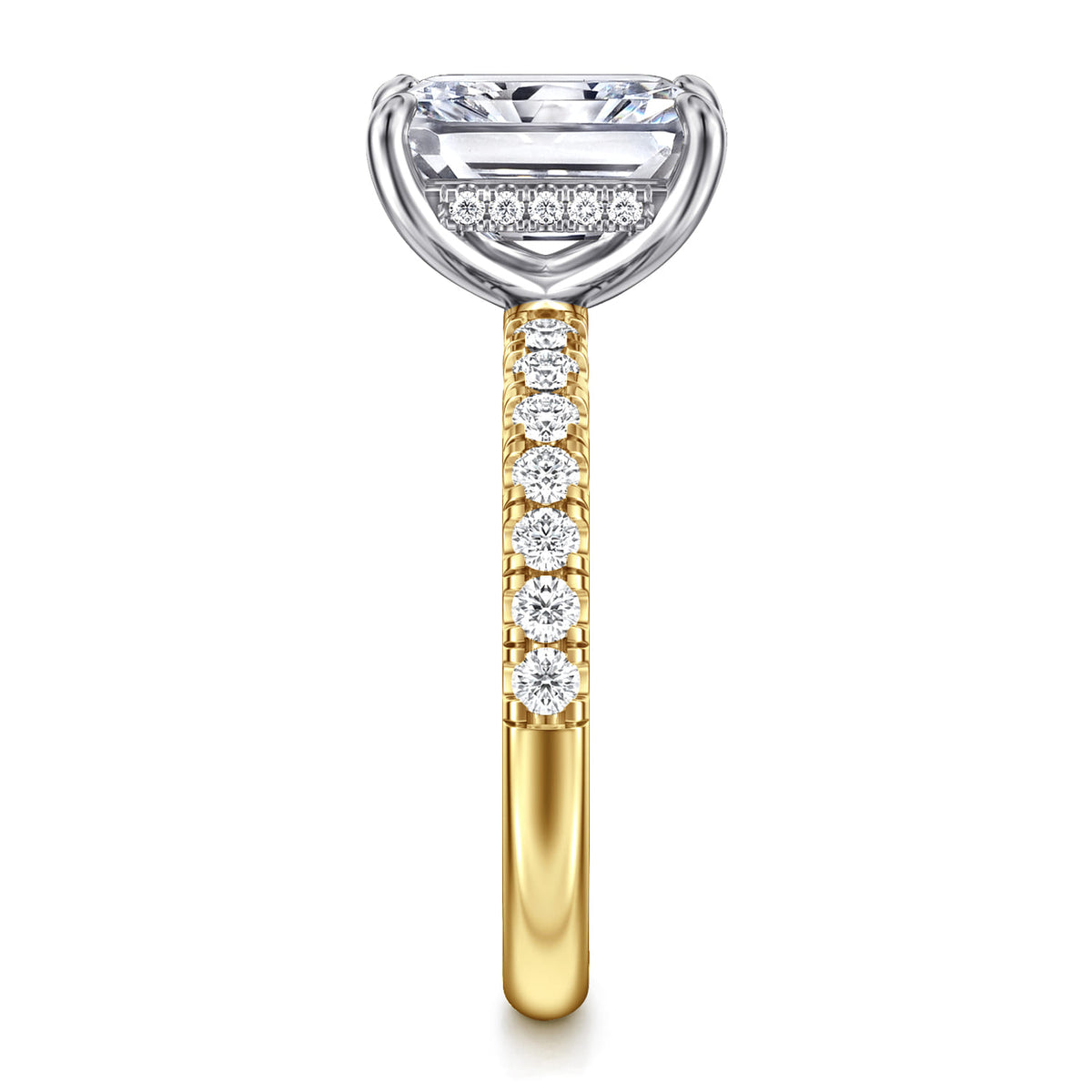 14K White-Yellow Gold Radiant Hidden Halo Diamond and Engagement Ring — Gabriel & Co. ER16621N10M44JJ; center stone shown for illustration, not included