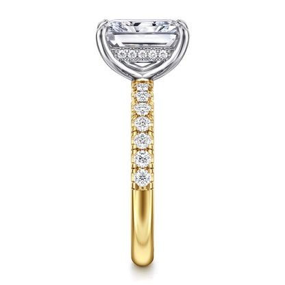 14K White-Yellow Gold Radiant Hidden Halo Diamond and Engagement Ring — Gabriel & Co. ER16621N10M44JJ; center stone shown for illustration, not included