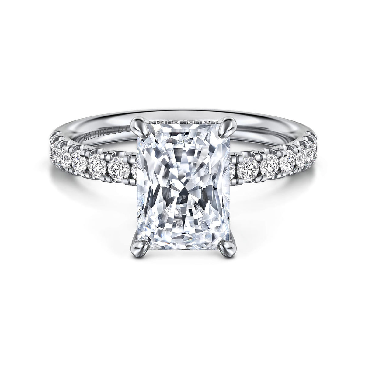 14K White Gold Radiant Hidden Halo Diamond and Engagement Ring — Gabriel & Co. ER16621N10W44JJ; center stone shown for illustration, not included