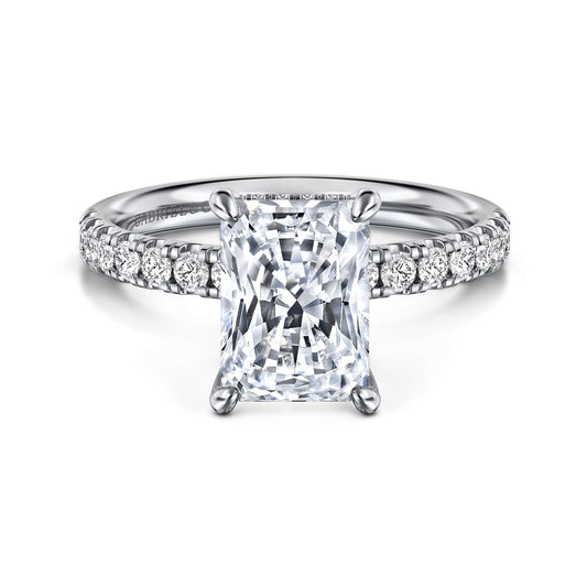14K White Gold Radiant Hidden Halo Diamond and Engagement Ring — Gabriel & Co. ER16621N10W44JJ; center stone shown for illustration, not included