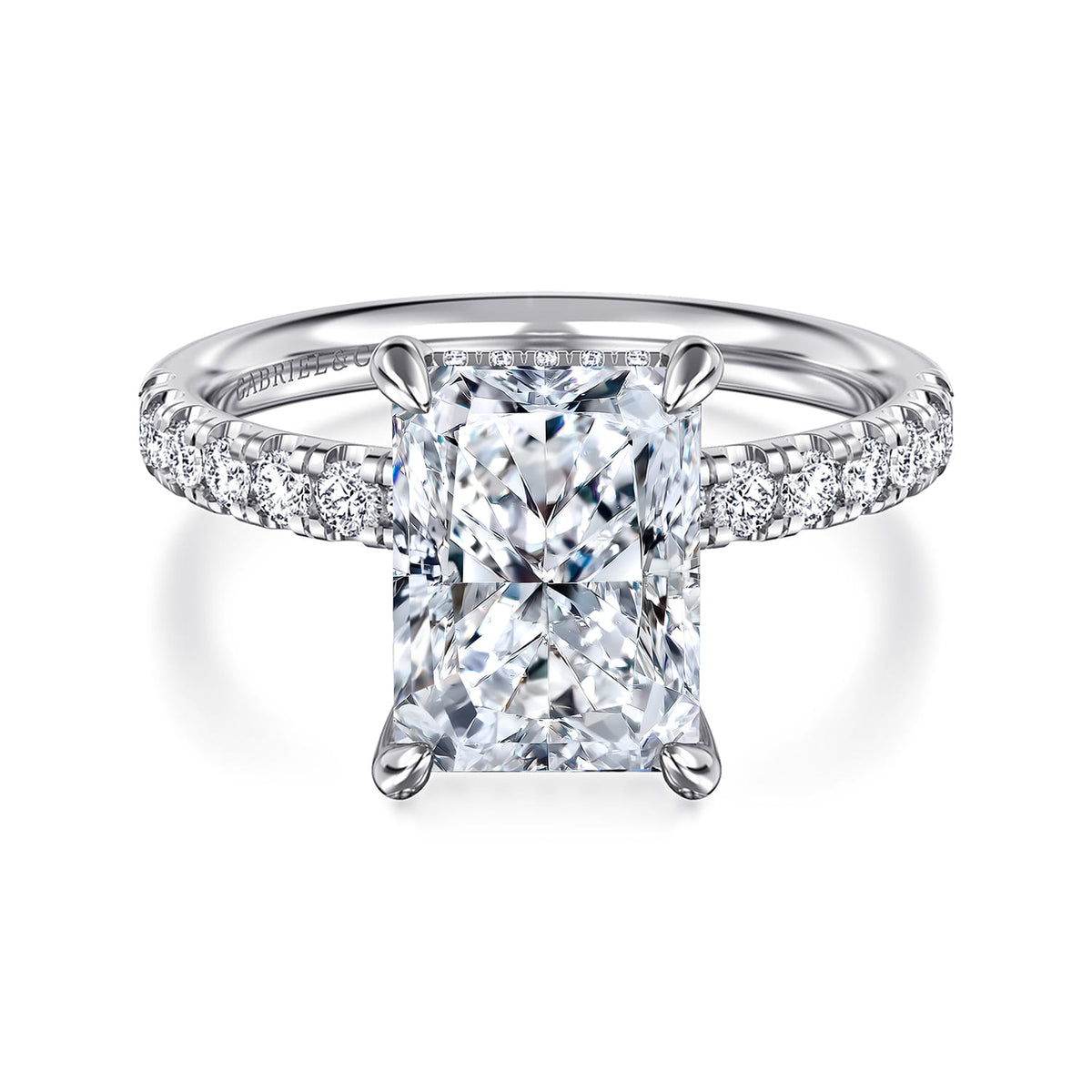 14K White Gold Radiant Hidden Halo Diamond and Engagement Ring — ER16621N12W44JJ; center stone shown for illustration, not included