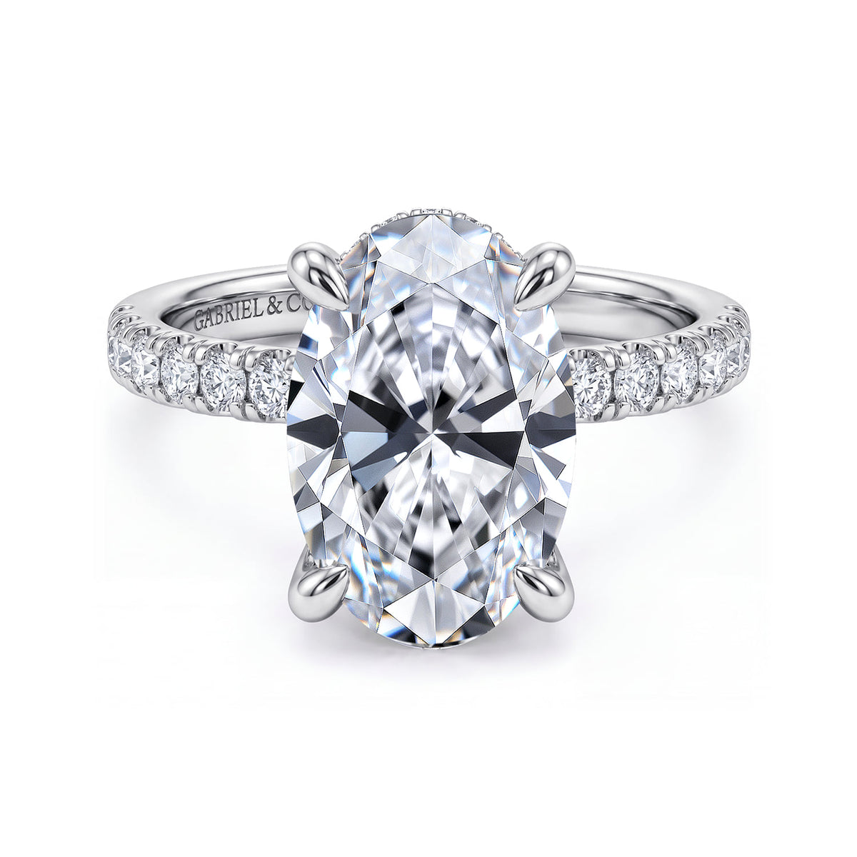 14K White Gold Oval Hidden Halo Diamond Engagement Ring — ER16621O16W44JJ; center stone shown for illustration, not included