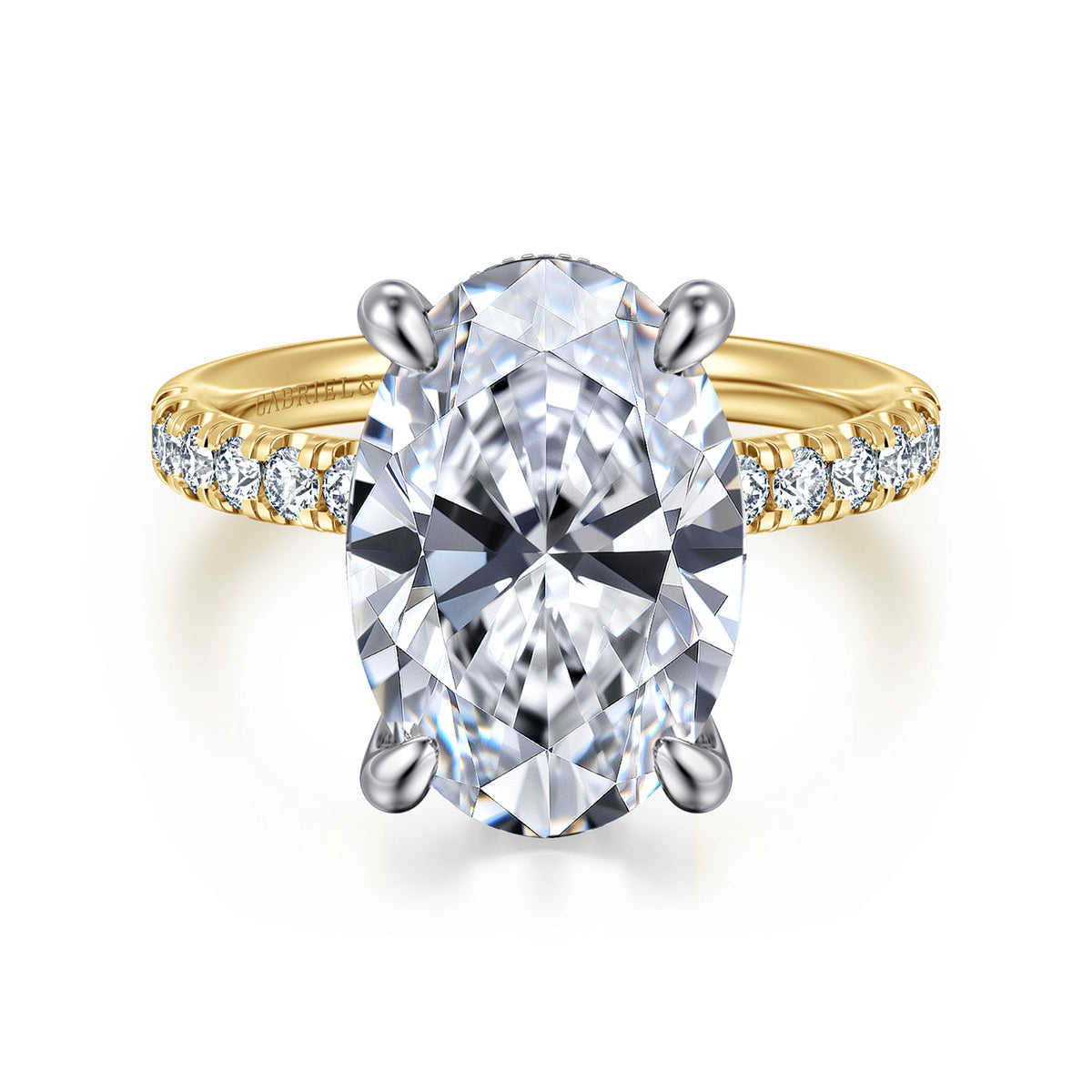 14K White-Yellow Gold Oval Hidden Halo Diamond Engagement Ring — ER16621O20M44JJ; center stone shown for illustration, not included