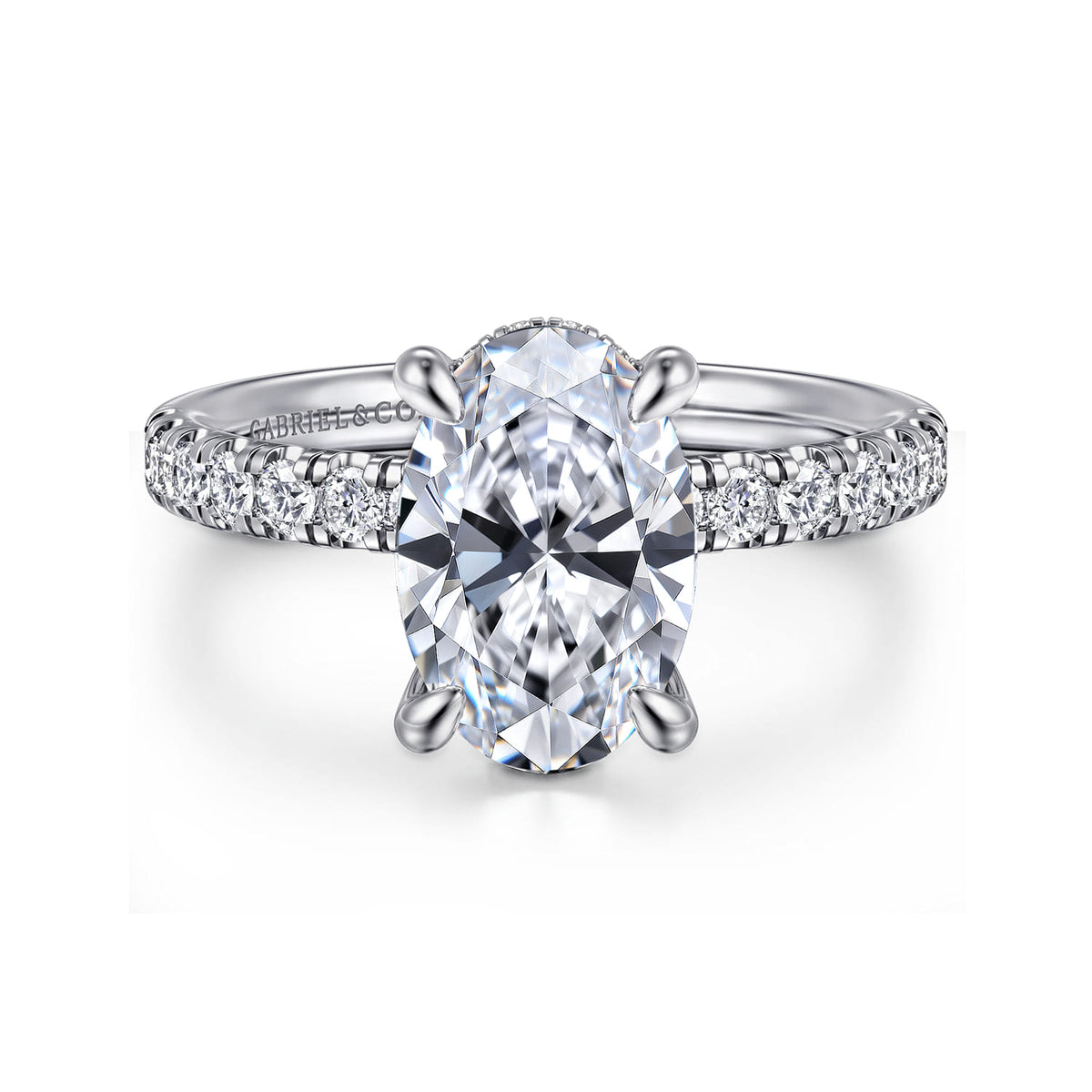 14K White Gold Oval Hidden Halo Diamond Engagement Ring — Gabriel & Co. ER16621O8W44JJ; center stone shown for illustration, not included