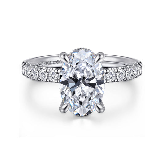 14K White Gold Oval Hidden Halo Diamond Engagement Ring — Gabriel & Co. ER16621O8W44JJ; center stone shown for illustration, not included