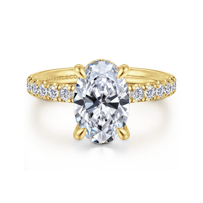14K Yellow Gold Oval Hidden Halo Diamond Engagement Ring — Gabriel & Co. ER16621O8Y44JJ; center stone shown for illustration, not included