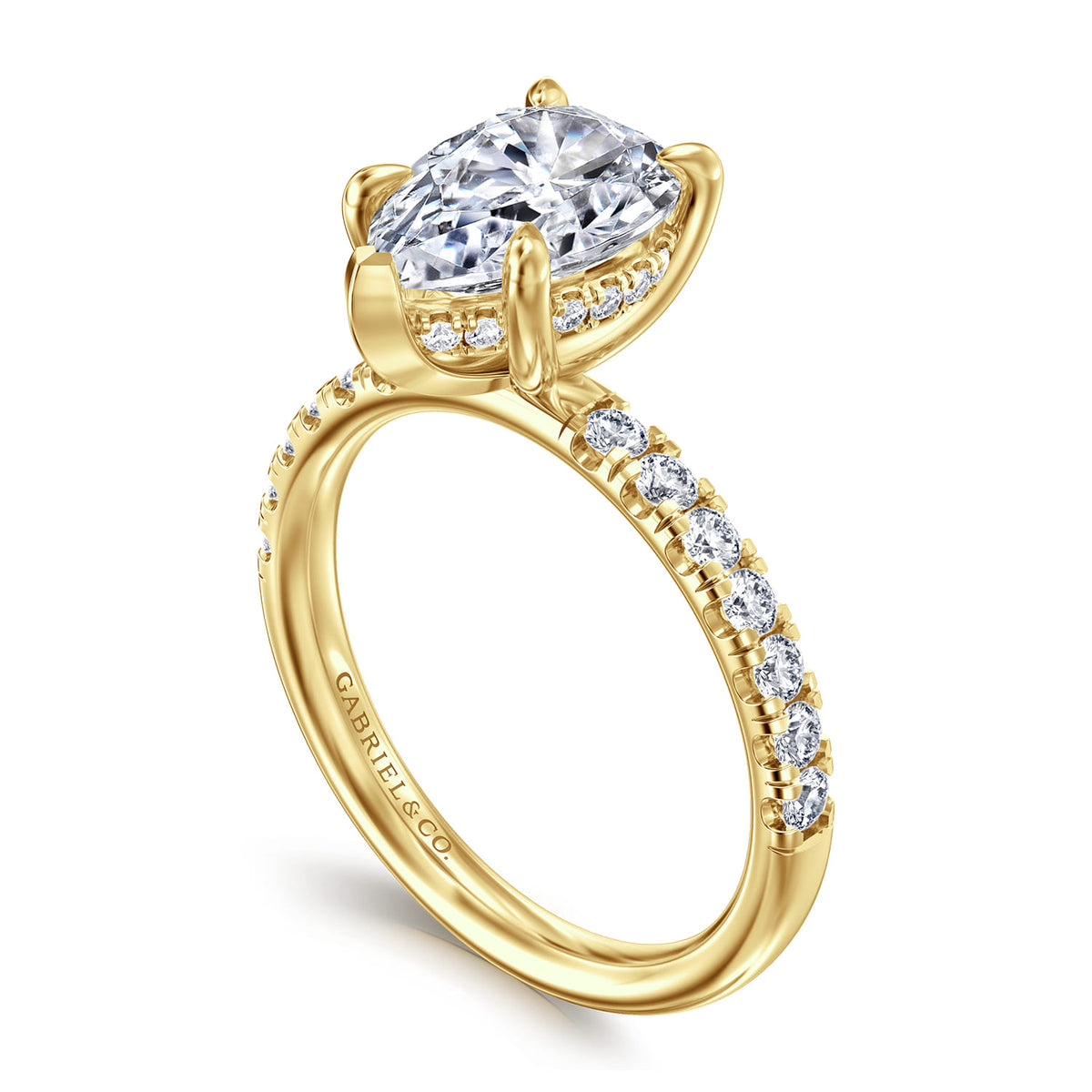 14K Yellow Gold Pear Shape Hidden Halo Diamond Engagement Ring — Gabriel & Co. ER16621P8Y44JJ; center stone shown for illustration, not included