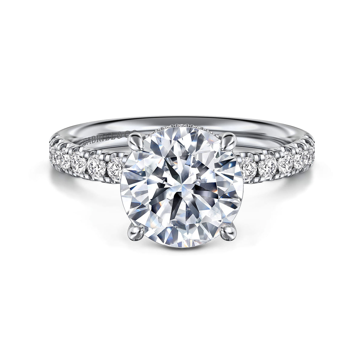 14K White Gold Round Hidden Halo Diamond Engagement Ring — ER16621R10W44JJ; center stone shown for illustration, not included
