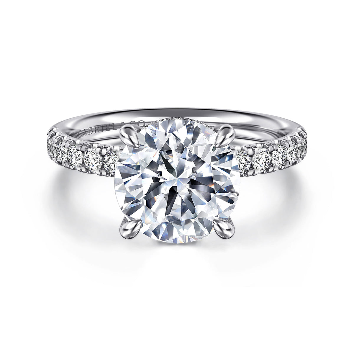 14K White Gold Round Hidden Halo Diamond Engagement Ring — Gabriel & Co. ER16621R12W44JJ; center stone shown for illustration, not included
