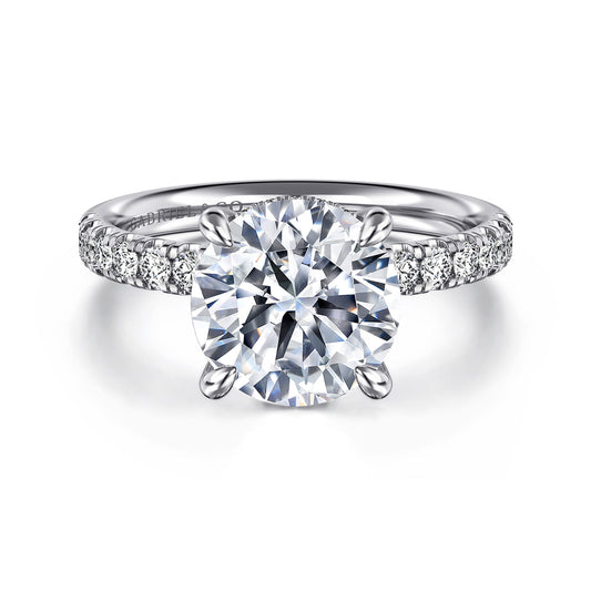 14K White Gold Round Hidden Halo Diamond Engagement Ring — Gabriel & Co. ER16621R12W44JJ; center stone shown for illustration, not included