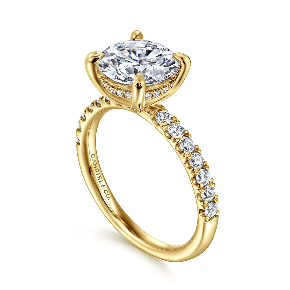 14K Yellow Gold Round Hidden Halo Diamond Engagement Ring — Gabriel & Co. ER16621R12Y44JJ; center stone shown for illustration, not included