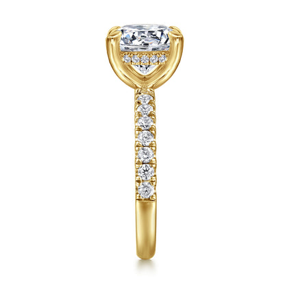 14K Yellow Gold Round Hidden Halo Diamond Engagement Ring — Gabriel & Co. ER16621R12Y44JJ; center stone shown for illustration, not included